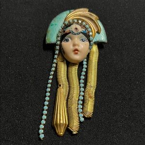 Vintage German Marena Eros brooch porcelain face gold plate tassel rhinestones